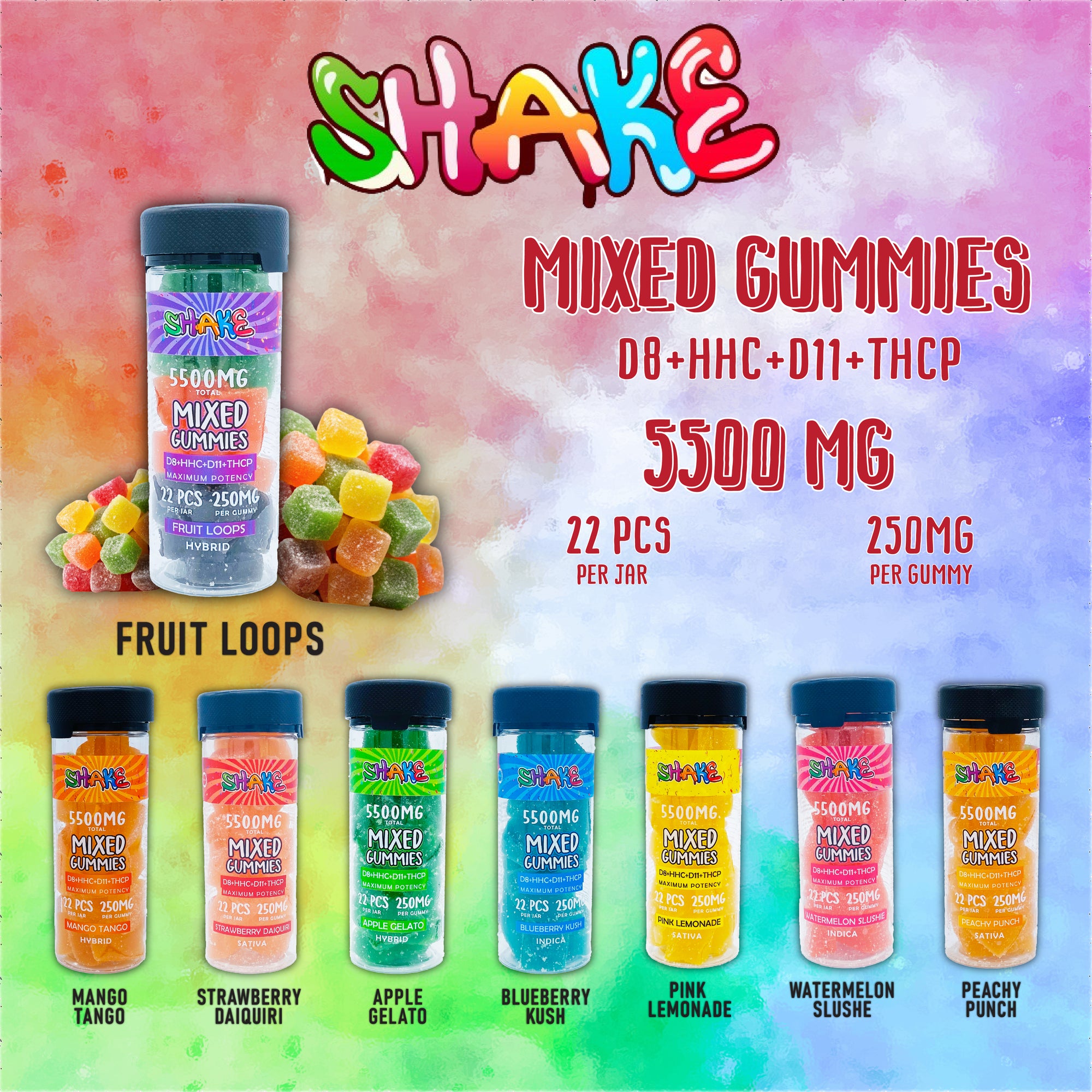 SHAKE D8+HHC+D11+THCP MIXED GUMMIES | 22PCS | 250MG GUMMY | 5500MG TOTAL